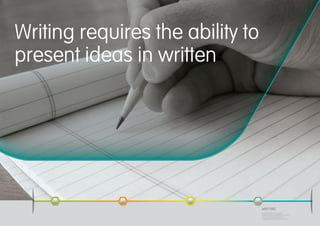 Writing requires the ability to
present ideas in written
WRITING
Understanding written words,
phases, chapters, paragraphs to set the
basis for speaking and interact in
a language. Ut enim ad minim veniam.
 