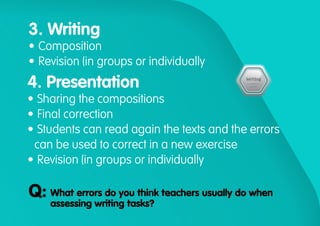 3. Writing
•	Composition
•	Revision (in groups or individually
4. Presentation
•	Sharing the compositions
•	Final correction
•	Students can read again the texts and the errors
can be used to correct in a new exercise
•	Revision (in groups or individually
What errors do you think teachers usually do when
assessing writing tasks?
Q:
 