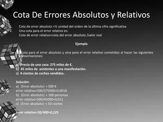 Cota De Errores Absolutos y Relativos
1. Cota de error absoluto <½ unidad del orden de la última cifra significativa
2. Una cota para el error relativo es:
Cota de error relativo=cota del error absoluto /valor real
Ejemplo
Da una cota para el error absoluto y otra para el error relativo cometidos al hacer las siguientes
aproximaciones:
a) Precio de una casa: 275 miles de €.
b) 45 miles de asistentes a una manifestación.
c) 4 cientos de coches vendidos.
Solución:
a) |Error absoluto| < 500 €
error relativo<500/275000=0,0018
b) |Error absoluto| < 500 personas
error relativo=500/45000=0,011
c) |Error absoluto| < 50 coches
error relativo<50/400=0,125
 