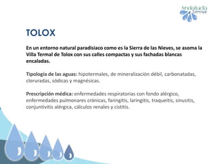 TOLOX
En un entorno natural paradisiaco como es la Sierra de las Nieves, se asoma la
Villa Termal de Tolox con sus calles compactas y sus fachadas blancas
encaladas.
Tipología de las aguas: hipotermales, de mineralización débil, carbonatadas,
cloruradas, sódicas y magnésicas.
Prescripción médica: enfermedades respiratorias con fondo alérgico,
enfermedades pulmonares crónicas, faringitis, laringitis, traqueitis, sinusitis,
conjuntivitis alérgica, cálculos renales y cistitis.
 