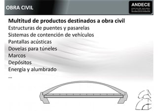 OBRA CIVIL

Multitud de productos destinados a obra civil
Estructuras de puentes y pasarelas
Sistemas de contención de vehículos
Pantallas acústicas
Dovelas para túneles
Marcos
Depósitos
Energía y alumbrado
…
 