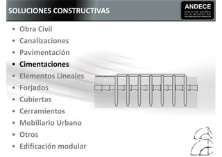 SOLUCIONES CONSTRUCTIVAS

•   Obra Civil
•   Canalizaciones
•   Pavimentación
•   Cimentaciones
•   Elementos Lineales
•  ...