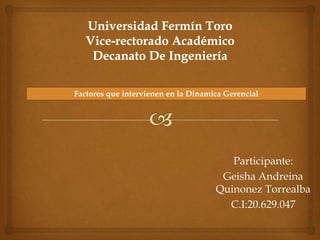 Participante:
Geisha Andreina
Quinonez Torrealba
C.I:20.629.047
Factores que intervienen en la Dinamica Gerencial
 