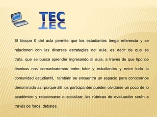 El bloque 0 del aula permite que los estudiantes tenga referencia y se

relacionen con las diversas estrategias del aula, es decir de que se

trata, que se busca aprender ingresando al aula, a través de que tipo de

técnicas nos comunicaremos entre tutor y estudiantes y entre toda la

comunidad estudiantil, también se encuentra un espacio para conocernos

denominado así porque allí los participantes pueden olvidarse un poco de lo

académico y relacionarse o socializar, las rúbricas de evaluación serán a

través de foros, debates.
 