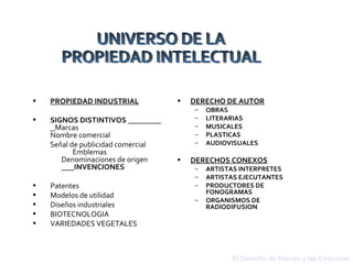 El Derecho de Marcas y las Empresas UNIVERSO DE LA  PROPIEDAD INTELECTUAL PROPIEDAD INDUSTRIAL   SIGNOS DISTINTIVOS   Marcas  Nombre comercial Señal de publicidad comercial  Emblemas  Denominaciones de origen  INVENCIONES Patentes Modelos de utilidad Diseños industriales  BIOTECNOLOGIA VARIEDADES VEGETALES  DERECHO DE AUTOR OBRAS LITERARIAS MUSICALES PLASTICAS AUDIOVISUALES DERECHOS CONEXOS ARTISTAS INTERPRETES ARTISTAS EJECUTANTES PRODUCTORES DE FONOGRAMAS ORGANISMOS DE RADIODIFUSION 