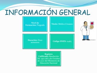 INFORMACIÓN GENERAL
Nivel de
Formación: Pregrado
Título: Médico Cirujano
Duración: Doce
semestres
Código SNIES: 21465
Registro
Calificado: Resolución
No. 5912 del 5 de Octubre
de 2007 del Ministerio de
Educación Nacional
 