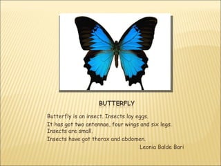 Butterfly is an insect. Insects lay eggs.
It has got two antennae, four wings and six legs.
Insects are small.
Insects have got thorax and abdomen.
                                     Leonia Balde Bari
 