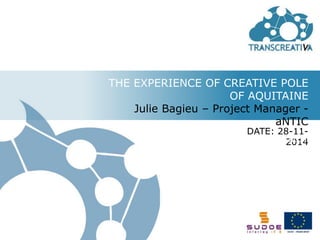 THE EXPERIENCE OF CREATIVE POLE 
OF AQUITAINE 
Julie Bagieu – Project Manager - 
aNTIC 
DATE: 28-11- 
TRANSCREATIVA PROJECT 
2014 
 