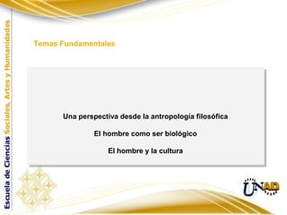 Una perspectiva desde la antropología filosófica
El hombre como ser biológico
El hombre y la cultura
Una perspectiva desde la antropología filosófica
El hombre como ser biológico
El hombre y la cultura
Temas Fundamentales
 