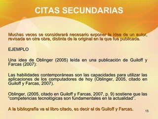 CITAS SECUNDARIAS Muchas veces se considerará necesario exponer la idea de un autor, revisada en otra obra, distinta de la original en la que fue publicada. EJEMPLO Una idea de Oblinger (2005) leída en una publicación de Guiloff y Farcas (2007): Las habilidades contemporáneas son las capacidades para utilizar las aplicaciones de los computadores de hoy (Oblinger, 2005, citado en Guiloff y Farcas, 2007). Oblinger, (2005, citado en Guiloff y Farcas, 2007, p. 9) sostiene que las “competencias tecnológicas son fundamentales en la actualidad”. A la bibliografía va el libro citado, es decir el de Guiloff y Farcas.