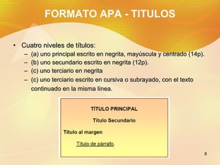 FORMATO APA - TITULOS Cuatro niveles de títulos: (a) uno principal escrito en negrita, mayúscula y centrado (14p). (b) uno secundario escrito en negrita (12p). (c) uno terciario en negrita (c) uno terciario escrito en cursiva o subrayado, con el texto continuado en la misma línea.
