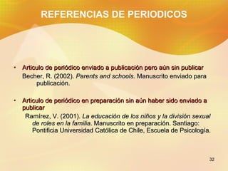 REFERENCIAS DE PERIODICOS <ul><li>Articulo de periódico enviado a publicación pero aún sin publicar </li></ul><ul><li>Bech...