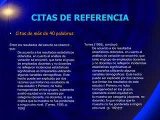 CITAS DE REFERENCIA <ul><li>Citas de m á s de 40 palabras </li></ul><ul><li>Torres (1995), concluyó:  </li></ul><ul><ul><l...
