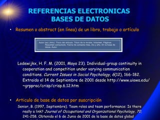 REFERENCIAS ELECTRONICAS  BASES DE DATOS <ul><li>Resumen o abstract (en línea) de un libro,  trabajo o artículo </li></ul>...