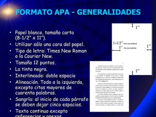 FORMATO APA - GENERALIDADES <ul><li>Papel blanco, tamaño carta (8-1/2” x 11”).  </li></ul><ul><li>Utilizar s ó lo una cara...
