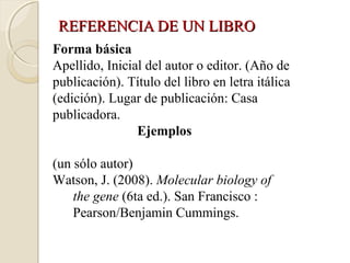REFERENCIA DE UN LIBRO
Forma básica
Apellido, Inicial del autor o editor. (Año de
publicación). Título del libro en letra itálica
(edición). Lugar de publicación: Casa
publicadora.
                Ejemplos

(un sólo autor)
Watson, J. (2008). Molecular biology of
    the gene (6ta ed.). San Francisco :
    Pearson/Benjamin Cummings.
 