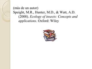 (más de un autor)
Speight, M.R., Hunter, M.D., & Watt, A.D.
   (2008). Ecology of insects: Concepts and
   applications. Oxford: Wiley
 