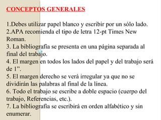 CONCEPTOS GENERALES

1.Debes utilizar papel blanco y escribir por un sólo lado.
2.APA recomienda el tipo de letra 12-pt Times New
Roman.
3. La bibliografía se presenta en una página separada al
final del trabajo.
4. El margen en todos los lados del papel y del trabajo será
de 1”.
5. El margen derecho se verá irregular ya que no se
dividirán las palabras al final de la línea.
6. Todo el trabajo se escribe a doble espacio (cuerpo del
trabajo, Referencias, etc.).
7. La bibliografía se escribirá en orden alfabético y sin
enumerar.
 