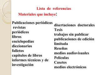 Lista de referencias
   Materiales que incluye:

Publicaciones periódicas
                           disertaciones doctorales
 revistas
                           Tesis
periódicos
                           trabajos sin publicar
libros
                           publicaciones de edición
enciclopedias
                           limitada
diccionarios
                           Reseñas
folletos
                           medios audiovisuales
capítulos de libros
                           Películas
informes técnicos y de
                           Casetes
investigación
                           medios electrónicos
 