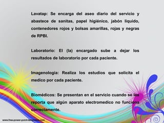 Lavatap: Se encarga del aseo diario del servicio y
abastece de sanitas, papel higiénico, jabón liquido,
contenedores rojos y bolsas amarillas, rojas y negras
de RPBI.


Laboratorio: El (la) encargado sube a dejar los
resultados de laboratorio por cada paciente.


Imagenologia: Realiza los estudios que solicita el
medico por cada paciente.


Biomédicos: Se presentan en el servicio cuando se les
reporta que algún aparato electromedico no funciona
correctamente.
 