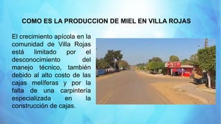 COMO ES LA PRODUCCION DE MIEL EN VILLA ROJAS
El crecimiento apícola en la
comunidad de Villa Rojas
está limitado por el
desconocimiento del
manejo técnico, también
debido al alto costo de las
cajas melíferas y por la
falta de una carpintería
especializada en la
construcción de cajas.
 