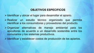 OBJETIVOS ESPECIFICOS
 Identificar y ubicar el lugar para desarrollar el apiario.
 Realizar un estudio técnico organizado que permita
identificar a los consumidores y proveedores del producto.
 Organizar alternativas de manejo ambiental para los
apicultores de acuerdo a un desarrollo sostenible entre los
comunarios y los sistemas productivos.
 Identificar y establecer costos de producción de los apiarios.
 