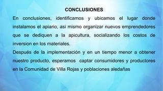 CONCLUSIONES
En conclusiones, identificamos y ubicamos el lugar donde
instalamos el apiario, asi mismo organizar nuevos emprendedores
que se dediquen a la apicultura, socializando los costos de
inversion en los materiales.
Después de la implementación y en un tiempo menor a obtener
nuestro producto, esperamos captar consumidores y productores
en la Comunidad de Villa Rojas y poblaciones aledañas
 