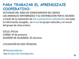 PARA TRABAJAR EL APRENDIZAJE
COOPERATIVO:
ACTIVIDAD DEL AREA DE CONOCIMIENTO DEL MEDIO
LOS ANIMALES VERTEBRADOS Y SU DISTRIBUCION POR EL MUNDO:
a través de la realización de dos cuestionarios individuales con toda
la información recogida , un mural en grupo reducido y un mural
del grupo de clase entero.

CICLO: 2ºCiclo
CURSO: 4º de primaria
NUMERO DE ALUMNOS: 25 alumnos
UTILIZACIÓN DE DOS TÉCNICAS:
-El Rompecabezas.
-Los Grupos de investigación.

 