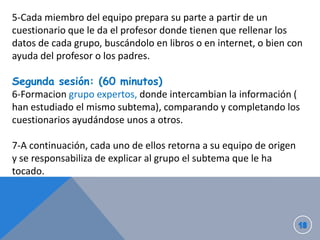 5-Cada miembro del equipo prepara su parte a partir de un
cuestionario que le da el profesor donde tienen que rellenar los
datos de cada grupo, buscándolo en libros o en internet, o bien con
ayuda del profesor o los padres.
Segunda sesión: (60 minutos)
6-Formacion grupo expertos, donde intercambian la información (
han estudiado el mismo subtema), comparando y completando los
cuestionarios ayudándose unos a otros.
7-A continuación, cada uno de ellos retorna a su equipo de origen
y se responsabiliza de explicar al grupo el subtema que le ha
tocado.

 