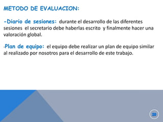 METODO DE EVALUACION:

-Diario de sesiones: durante el desarrollo de las diferentes
sesiones el secretario debe haberlas escrito y finalmente hacer una
valoración global.
-Plan de equipo: el equipo debe realizar un plan de equipo similar

al realizado por nosotros para el desarrollo de este trabajo.

 