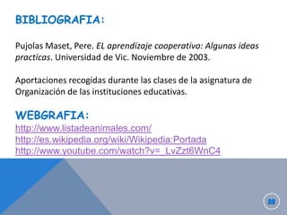 BIBLIOGRAFIA:
Pujolas Maset, Pere. EL aprendizaje cooperativo: Algunas ideas
practicas. Universidad de Vic. Noviembre de 2003.
Aportaciones recogidas durante las clases de la asignatura de
Organización de las instituciones educativas.

WEBGRAFIA:
http://www.listadeanimales.com/
http://es.wikipedia.org/wiki/Wikipedia:Portada
http://www.youtube.com/watch?v=_LvZzt6WnC4

 