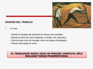 <ul><li>DIVISIÓN DEL TRABAJO </li></ul><ul><li>H. Ford. </li></ul><ul><li>- Dividió el montaje del automóvil en tareas muy...