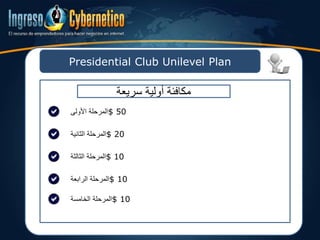 Presidential Club Unilevel Plan
‫األولى‬ ‫$المرحلة‬ 50
‫الثانية‬ ‫$المرحلة‬ 20
‫الثالثة‬ ‫$المرحلة‬ 10
‫الرابعة‬ ‫$المرحلة‬ 10
‫الخامسة‬ ‫$المرحلة‬ 10
‫سريعة‬ ‫أولية‬ ‫مكافئة‬
 