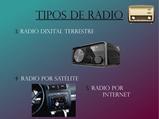 Tipos de Radio
3. Radio Dixital Terrestre
4. Radio por satélite
5. Radio por
internet
 