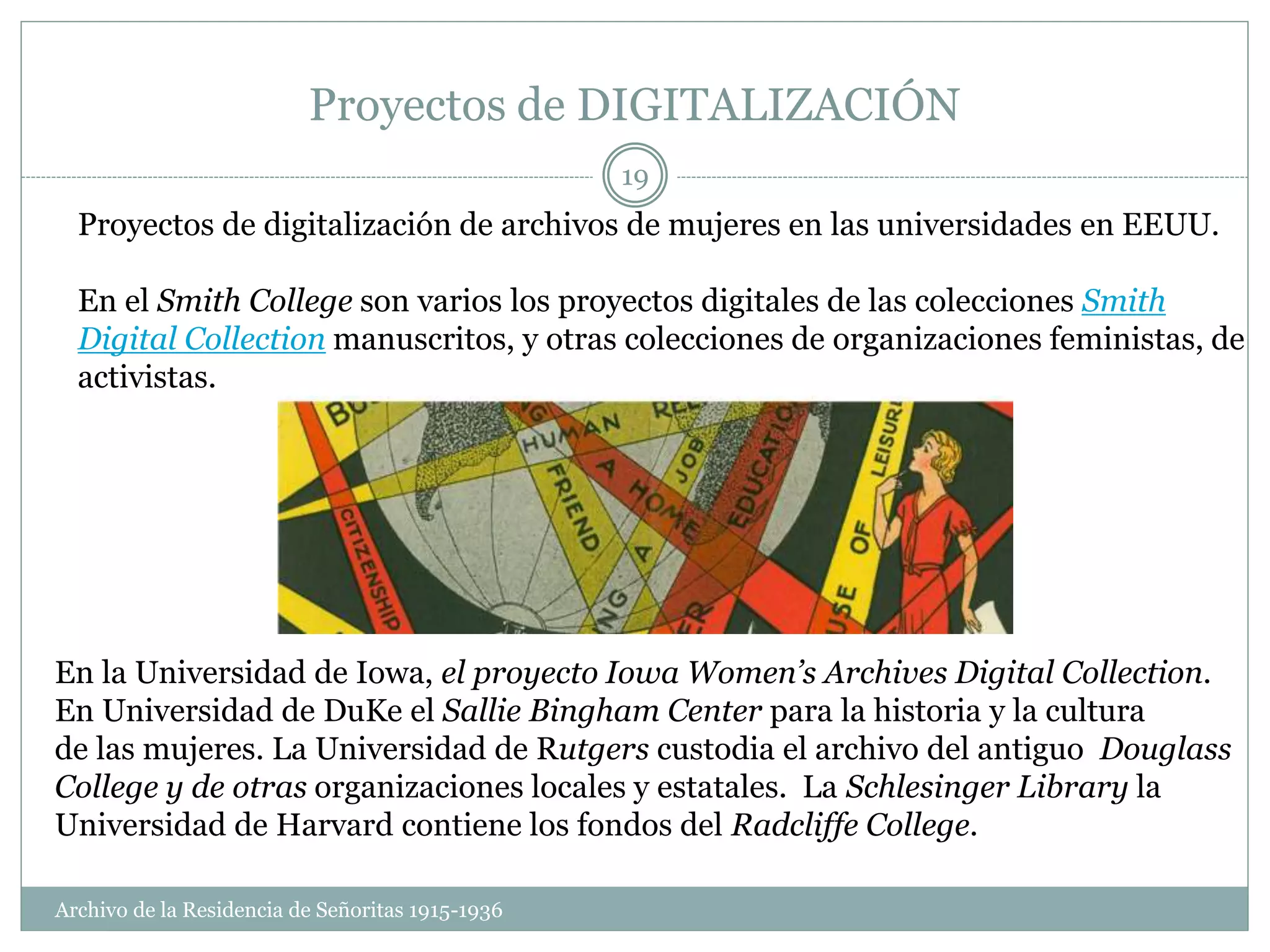 Proyectos de DIGITALIZACIÓN
Proyectos de digitalización de archivos de mujeres en las universidades en EEUU.
En el Smith College son varios los proyectos digitales de las colecciones Smith
Digital Collection manuscritos, y otras colecciones de organizaciones feministas, de
activistas.
En la Universidad de Iowa, el proyecto Iowa Women’s Archives Digital Collection.
En Universidad de DuKe el Sallie Bingham Center para la historia y la cultura
de las mujeres. La Universidad de Rutgers custodia el archivo del antiguo Douglass
College y de otras organizaciones locales y estatales. La Schlesinger Library la
Universidad de Harvard contiene los fondos del Radcliffe College.
Archivo de la Residencia de Señoritas 1915-1936
19
 