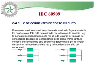 CALCULO DE CORRIENTES DE CORTO CIRCUITO
Durante un servicio normal, la corriente de servicio Ie fluye a través de
los conductores. Ella está determinada por la tensión de servicio Ue y
la suma de las impedancias de la red Zl y de la carga Z. En caso de
cortocircuito desaparece la impedancia de la carga. Por lo tanto, la
corriente de cortocircuito está solamente determinada por la tensión
de servicio, la impedancia de la red y la impedancia del sitio del
cortocircuito.
IEC 60909
 