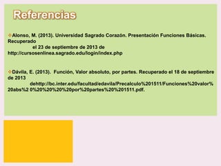 Referencias
Alonso, M. (2013). Universidad Sagrado Corazón. Presentación Funciones Básicas.
Recuperado
el 23 de septiembre de 2013 de
http://cursosenlinea.sagrado.edu/login/index.php

Dávila, E. (2013). Función, Valor absoluto, por partes. Recuperado el 18 de septiembre
de 2013
dehttp://bc.inter.edu/facultad/edavila/Precalculo%201511/Funciones%20valor%
20abs%2 0%20%20%20%20por%20partes%20%201511.pdf.

P: 555.123.4568 F: 555.123.4567
123 West Main Street, New York,
NY 10001

|

www.rightcare.com

 