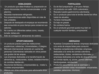 DEBILIDADES                                                FORTALEZAS
1.    Un producto que debe finalizar su preparación en     1.   Es de fácil preparación, y en poco tiempo.
     horno microondas; hornos convencionales o a la        2.   Un producto con sello 100% colombiano.
     plancha.                                              3.   Rescata nuestra gastronomía colombiana.
2.   Necesita mantenerse refrigerado.                      4.   Es un producto para toda la familia desde los niños
3.   Sus presentaciones están disponibles en más de             hasta los abuelos.
     tres unidades.                                        5.   Ya tiene mantequilla
4.   Después de destapado el empaque se recomienda         6.   Es bajo en grasas
     sea consumido en poco tiempo para conservar sus       7.   No contiene harina.
     sabores.                                              8.   Es un producto gourmet queda muy bien en
5.   No cuenta con diferentes salsas como, rosada,              cualquier reunión familiar y empresarial.
     tomate, tártara etc.
6.   Solo se consigue en almacenes de cadena.

                     OPORTUNIDADES                                                AMENAZAS
1.   Un producto practico para las instituciones           1.   Nuestras Competencia directa: empresas dedicadas
     académicas; cafeterías, Universidades y Colegios           a la venta de arepas listas para consumir.
2.   Mercado internacional; teniendo en cuenta las         2.   Nuestras competencias indirectas: empresas
     personas Colombianas radicadas en otros países             dedicadas a la venta de comida colombina,
     que gustan de las arepas                                   restaurantes, clubes, vendedores informales, y
3.   Las empresas dedicadas a la transformación de              empresas dedicadas a la venta de otros productos
     alimentos ej.: restaurantes, clubes, establecimientos      de comida rápida, ej. pizzas, perros calientes,
     de comidas rápidas etc.                                    hamburguesas, sándwiches
4.   Reuniones familiares y empresariales ej. : brake´s, 3.     Productos secundarios que se asemejan y
     cocteles empresariales.                                    satisfacen también estas necesidades: empanadas,
5.   Alianza con otras empresas para adicionarle otros          pasteles, patacones, chorizos).
     productos.
 