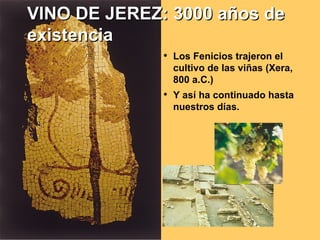 VINO DE JEREZ: 3000 años de existencia Los Fenicios trajeron el cultivo de las viñas (Xera, 800 a.C.) Y así ha continuado hasta nuestros días. 