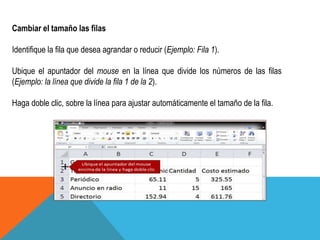 Cambiar el tamaño las filas 
Identifique la fila que desea agrandar o reducir (Ejemplo: Fila 1). 
Ubique el apuntador del mouse en la línea que divide los números de las filas 
(Ejemplo: la línea que divide la fila 1 de la 2). 
Haga doble clic, sobre la línea para ajustar automáticamente el tamaño de la fila. 
 