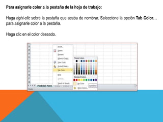 Para asignarle color a la pestaña de la hoja de trabajo: 
Haga right-clic sobre la pestaña que acaba de nombrar. Seleccione la opción Tab Color… 
para asignarle color a la pestaña. 
Haga clic en el color deseado. 
 