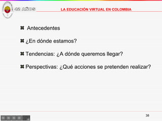 LA EDUCACIÓN VIRTUAL EN COLOMBIA Antecedentes ¿En dónde estamos? Tendencias: ¿A dónde queremos llegar? Perspectivas: ¿Qué acciones se pretenden realizar? 42 AÑOS 