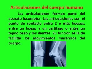 Articulaciones del cuerpo humano
Las articulaciones forman parte del
aparato locomotor. Las articulaciones son el
punto de contacto entre 2 o más huesos,
entre un hueso y un cartílago o entre un
tejido óseo y los dientes. Su función es la de
facilitar los movimientos mecánicos del
cuerpo.
 