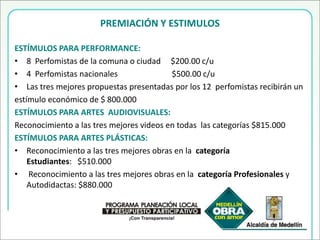 DESARROLLO DE LOS TALLERES: 12 de agosto a 30 de septiembre.CONFERENCIA AUDIOVISUAL CON INVITADO LOCAL Y NACIONAL: Sábado 17 septiembreRECEPCIÓN DE OBRAS5, 6 y 7 de Octubre, sede de la corporación CORSERBAJORNADA DE PERFORMANCESábado 8 de Octubre JORNADA DE ARTES VISUALES - EVENTO DE CLAUSURA Y PREMIACIÓNSábado 5 de noviembre, Centro Cultural de Moravia.EXPOSICIÓN DE OBRAS 1 de noviembre a 7  de Noviembre, 3 instituciones educativas
