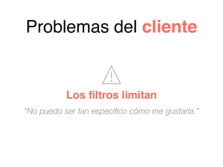 “No puedo ser tan especifico cómo me gustaría.”
Problemas del cliente
Los ﬁltros limitan
 