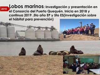Lobos marinos: Investigación y presentación en
el Consorcio del Puerto Quequén. Inicia en 2018 y
continua 2019 .5to año EP y 5to ES(investigación sobre
el hábitat para prevención)
2019
 
