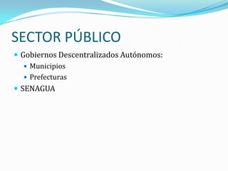 SECTOR PÚBLICO
 Gobiernos Descentralizados Autónomos:
    Municipios
    Prefecturas
 SENAGUA
 