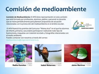 Comisión de Medioambiente: El APA tiene representación en esta comisión
que está formada por profesores, alumnos, padres y personal no docente
que se reúne periódicamente para plantear propuestas de actuación
relacionadas con la protección del medioambiente en el ámbito escolar.
El APA financió los premios del Concurso “Marea Azul” en el que los alumnos
de infantil, primaria y secundaria participaron realizando todo tipo de
ilustraciones, maquetas con material reciclado y fotografías relacionadas con
el medio ambiente.
Puedes contactar con nosotros a través del correo:
medioambiente@virgendemirasierra.eu
Comisión de medioambiente
 