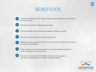 BENEFICIOS 
08 
Evidenciar la problemática del equipo de trabajo y lograr identificar las soluciones de 
una forma práctica. 
Reconocer las fortalezas individuales y por equipo. 
Conocer y reforzar todas las áreas que competen al trabajo en equipo. 
Demostrar la importancia de la comunicación efectiva. 
Evidenciar como la actitud que tenemos ante una situación será determinante en los 
resultados que obtengamos. 
Tomar conciencia de la importancia de tener una actitud positiva para mejorar 
nuestra calidad de vida y la del entorno. 
Reconocer la importancia de ser flexibles, creativos, innovar y generar 
continuamente ideas para tener mejores resultados laborales 
 