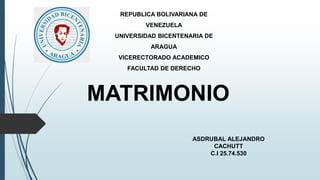 REPUBLICA BOLIVARIANA DE
VENEZUELA
UNIVERSIDAD BICENTENARIA DE
ARAGUA
VICERECTORADO ACADEMICO
FACULTAD DE DERECHO
MATRIMONIO
ASDRUBAL ALEJANDRO
CACHUTT
C.I 25.74.530
 